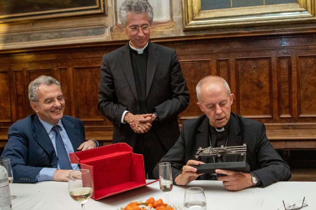 Justin Welby, Archbishop of Canterbury and Primate of the Church of England visits the Community and the vaccination Hub of Sant'Egidio on the eve of 